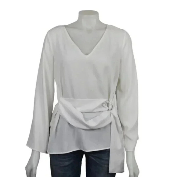 Zara White Blouse Top With Belt  V-Neck Flowy Size Small - Picture 7 of 14